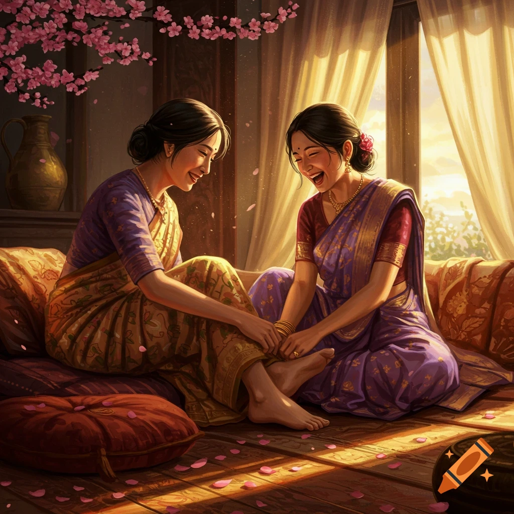 Two smiling Asian women in traditional attire, one gently touching the other's foot, surrounded by falling pink petals in a warm, sunlit room.