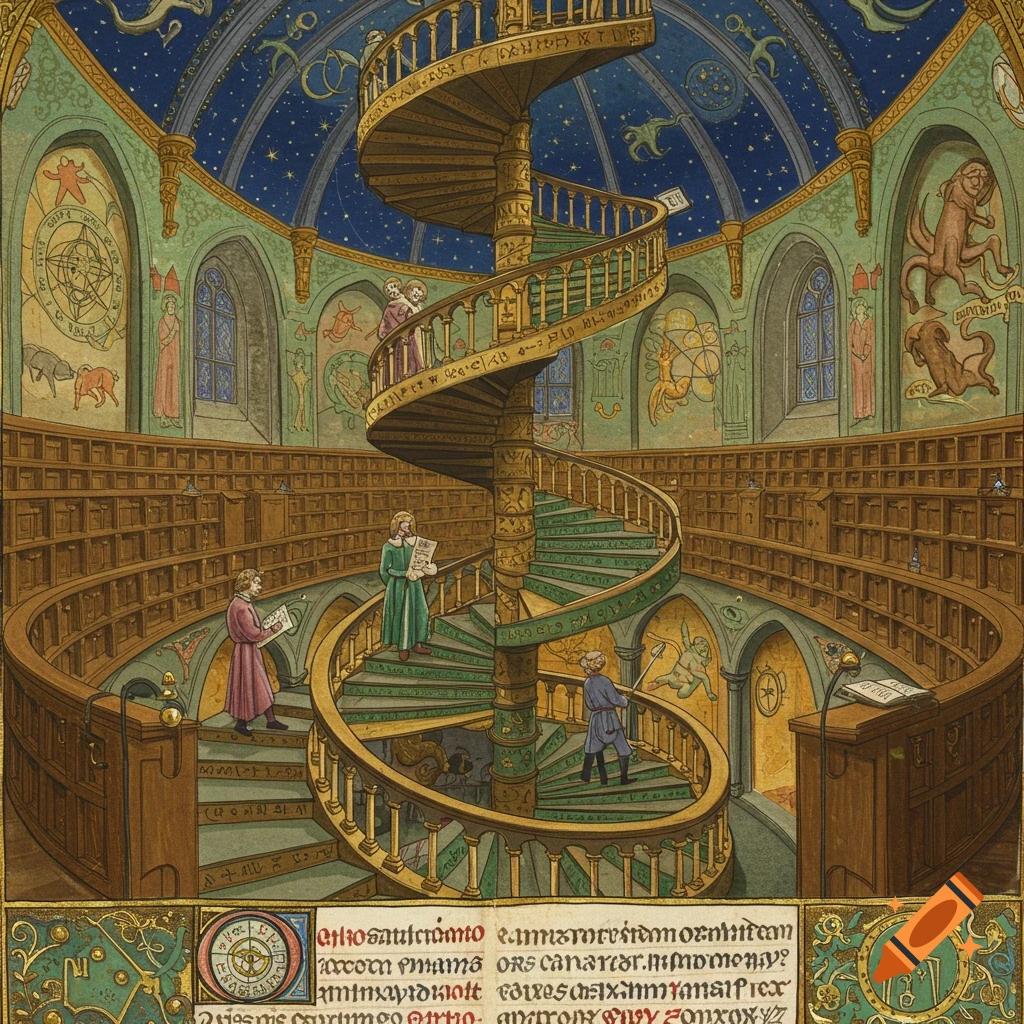 A grand medieval illuminated manuscript depiction of a library with a central spiral staircase, people reading, and a celestial domed ceiling.