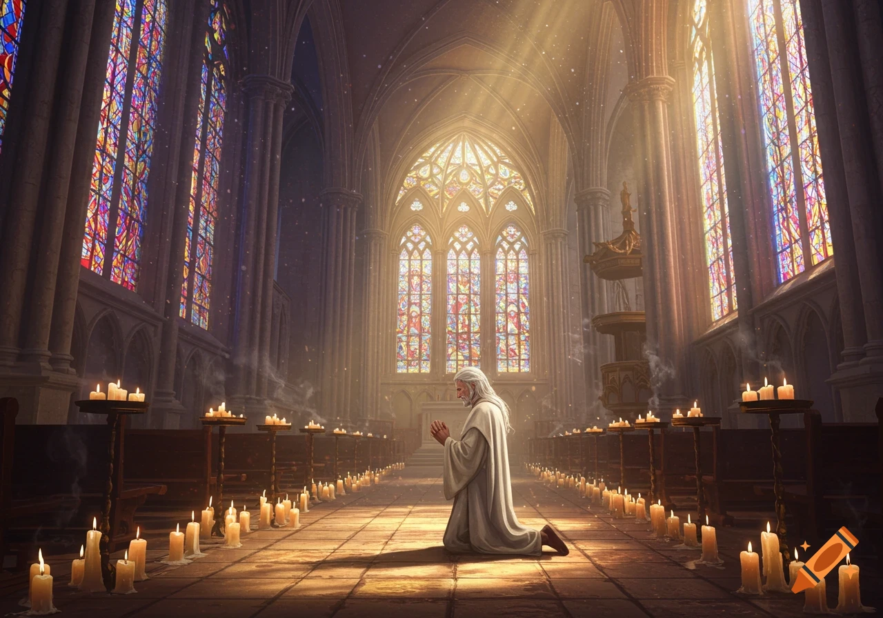 A person kneels in prayer in a grand, candlelit gothic church with sunbeams shining through stained glass windows.