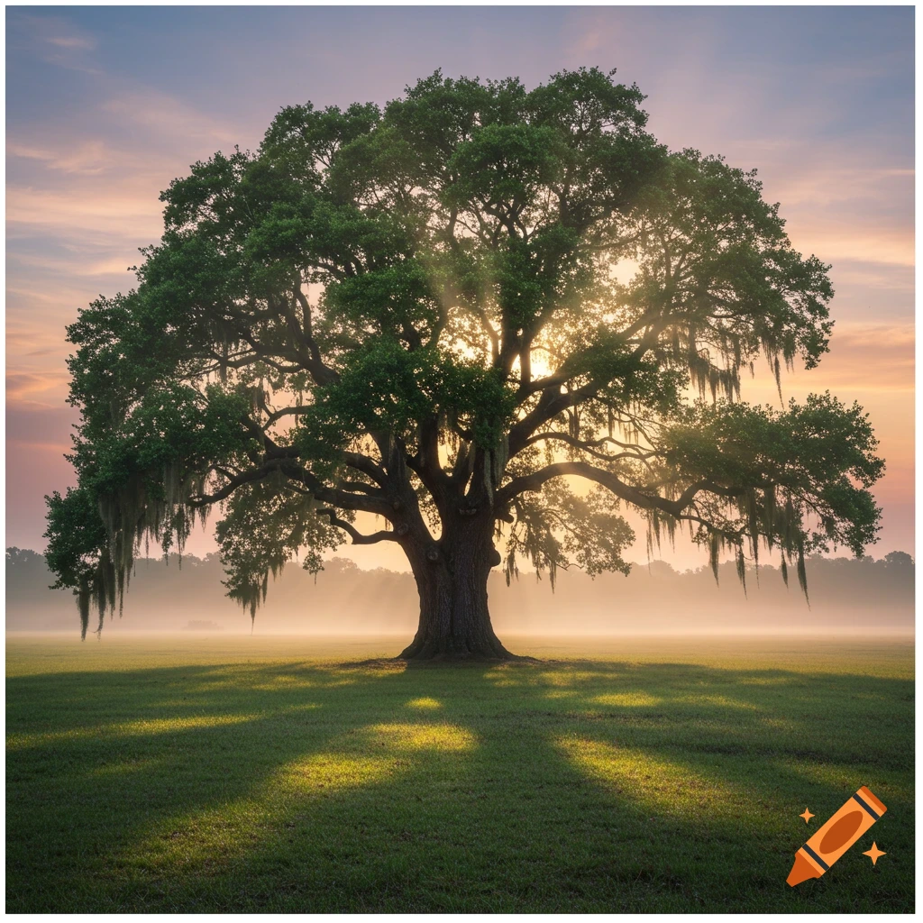 A large oak tree with Spanish moss at sunrise or sunset, sun rays shining through its leaves over a misty green field.