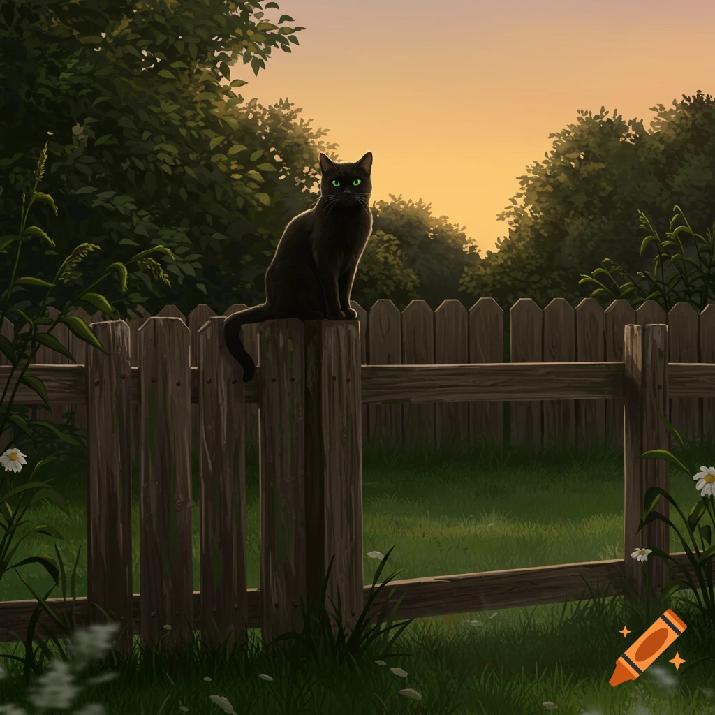 A black cat with luminous green eyes sits perched on a wooden fence post in a lush green backyard at sunset.