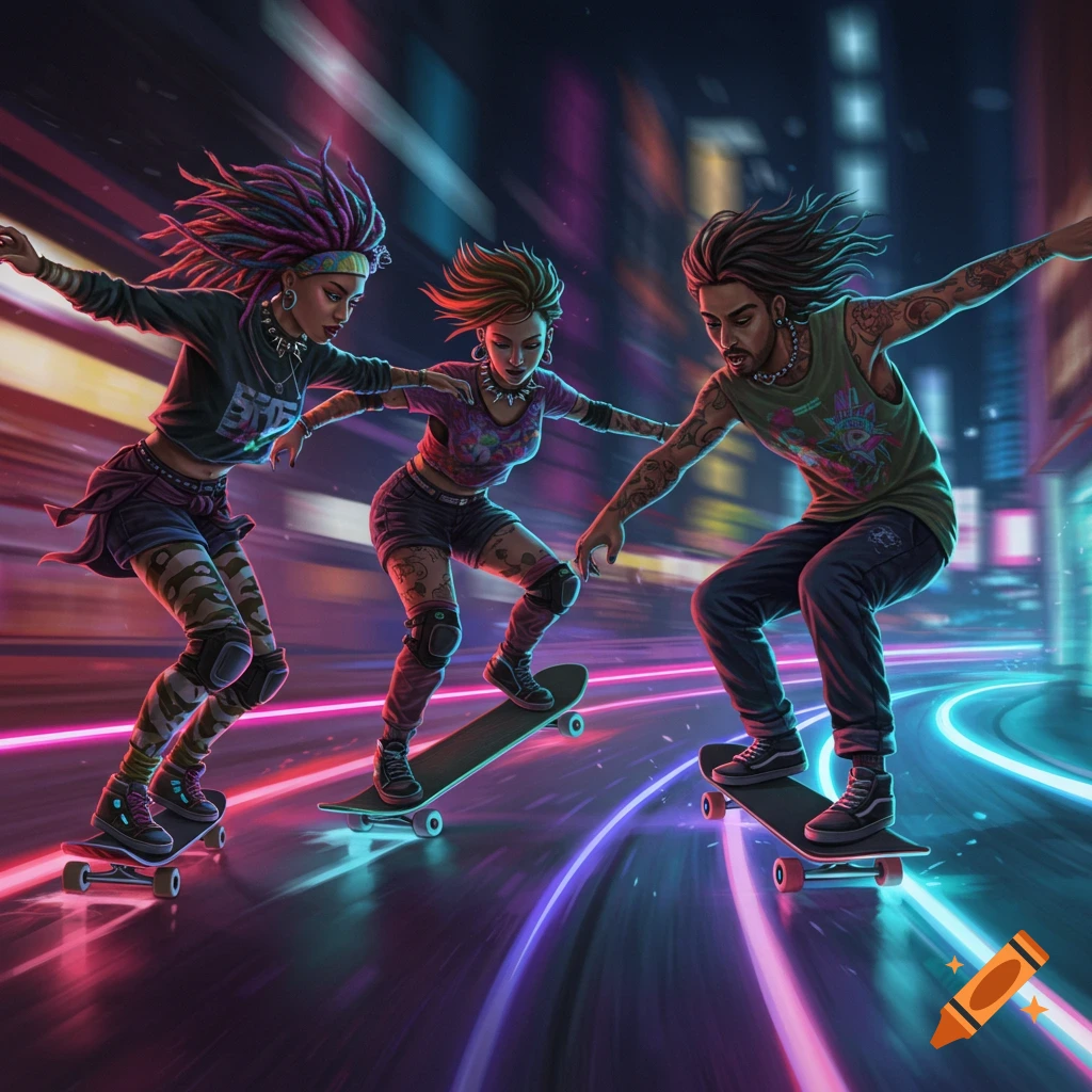 Three diverse, alternative people skateboarding at high speed through a neon-lit city street at night, in a vibrant, dynamic art style.