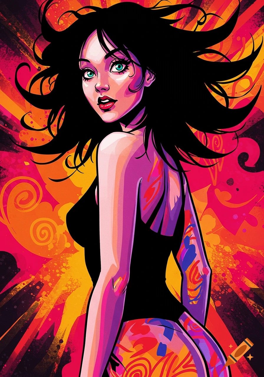 Pop art illustration of a woman with black hair, looking over her shoulder, rendered with bold colors and thick black outlines.