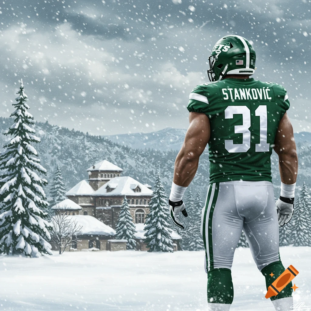 A muscular football player in a green New York Jets uniform with 'STANKOVIĆ 31' on his back, stands in a snowy winter landscape.