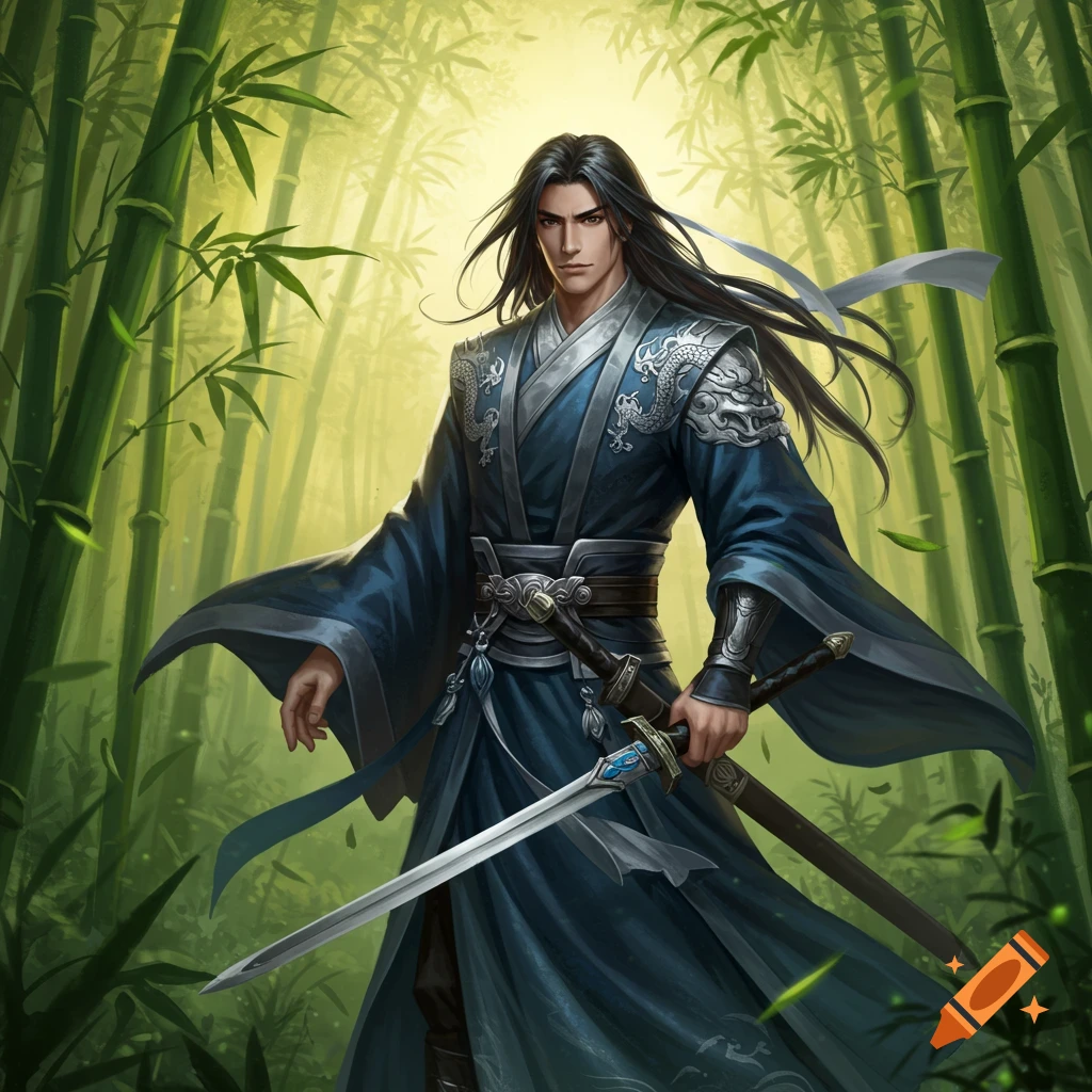 A handsome male character with long dark hair in blue and silver Wuxia robes, holding a sword in a vibrant bamboo forest with golden light.