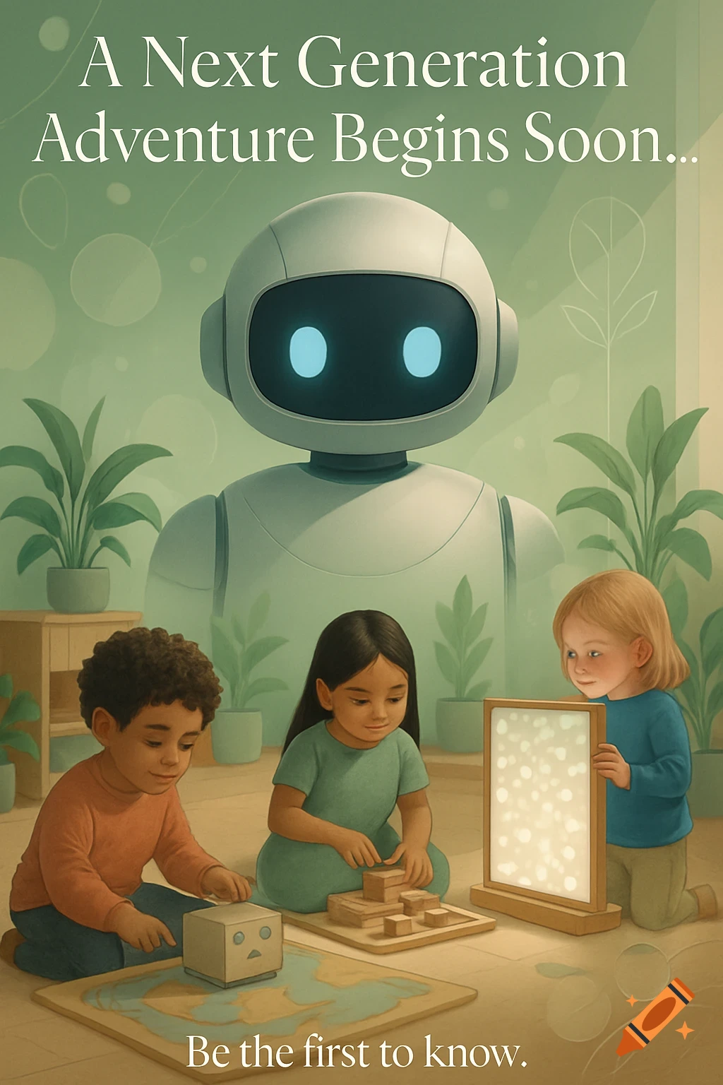 Diverse children play with educational toys as a robot watches, with text "A Next Generation Adventure Begins Soon... Be the first to know."