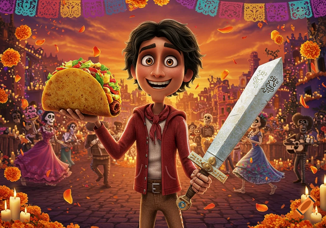 A smiling animated boy holds a large taco and a decorated sword during a vibrant Day of the Dead celebration with skeleton figures.