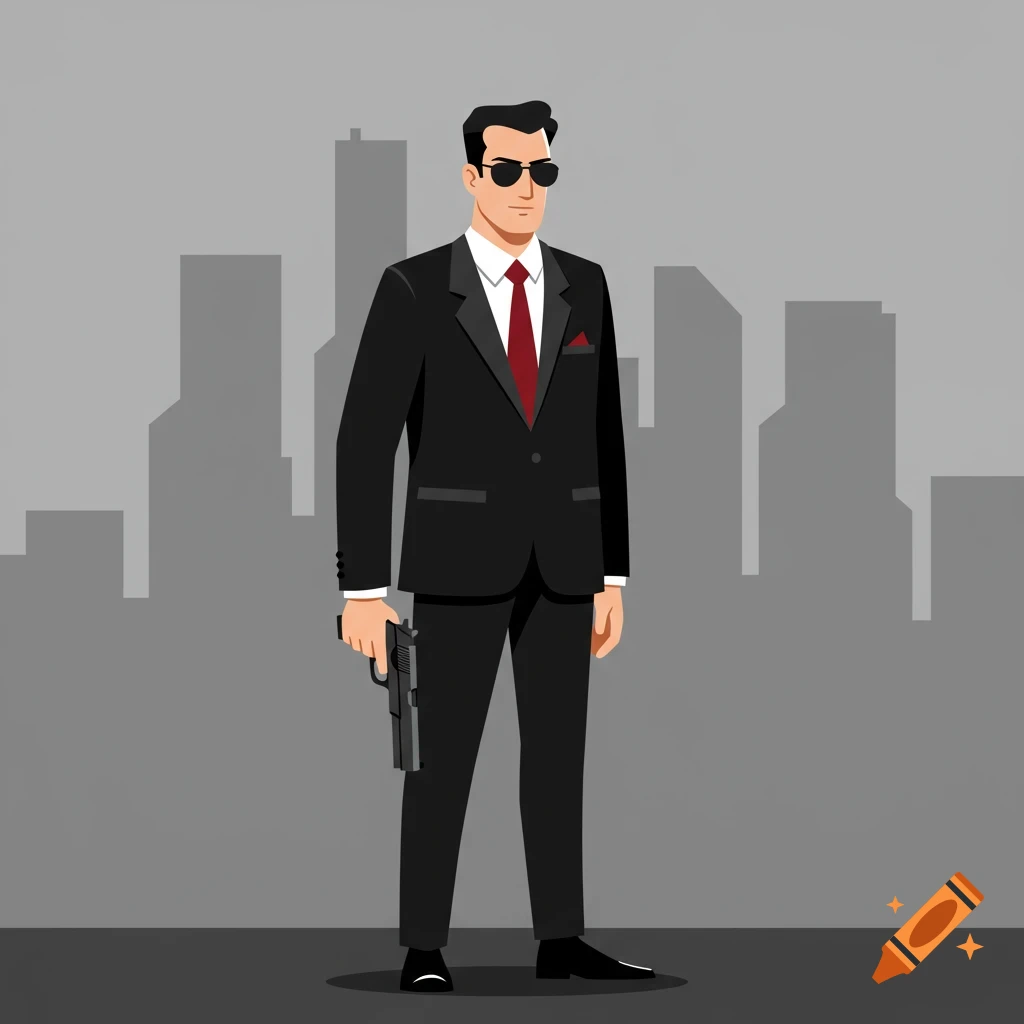 A stylized illustration of a man in a black suit, red tie, and sunglasses, holding a gun in front of a gray city skyline.