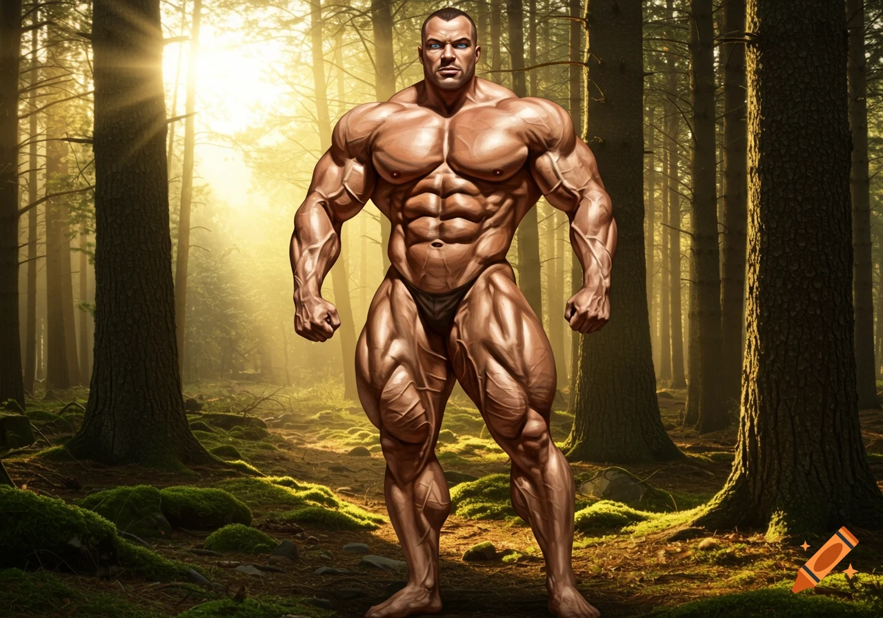 A heavily muscled male bodybuilder in a dark posing brief stands in a sunlit forest.