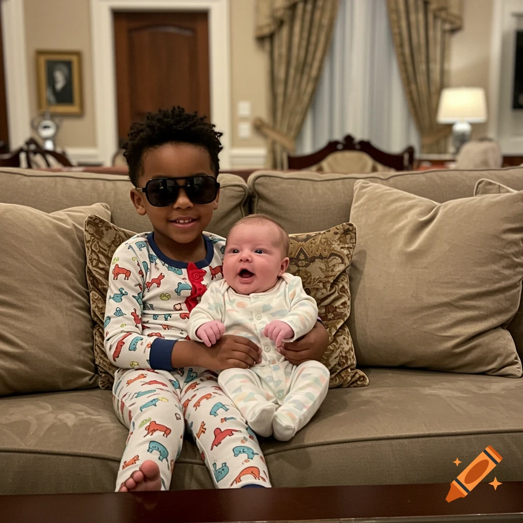 Young boy in pajamas and sunglasses holding a smiling baby on a couch.