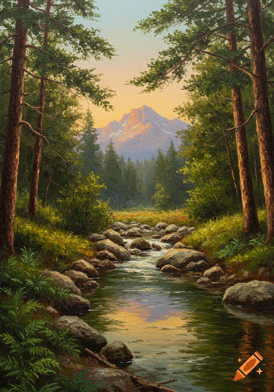 Oil painting of a rocky stream flowing through a forest with tall pine trees and sunlit mountains in the background.