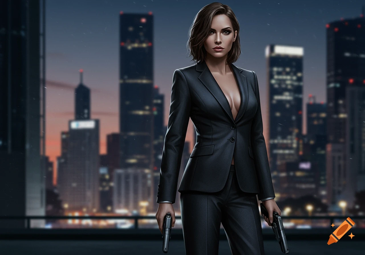 A confident woman in a dark suit with a low-cut top stands holding two pistols against a blurred night city skyline.