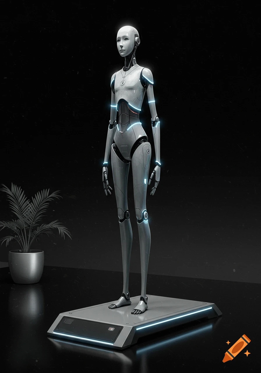 A tall, slender, grey and white humanoid robot with glowing blue accents stands on a lighted platform in a dark, minimalist room with a potted plant.