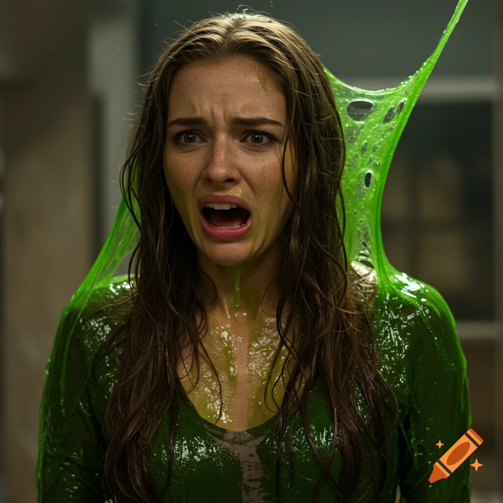 Young woman covered in green slime, looking scared and disgusted, photorealistic.