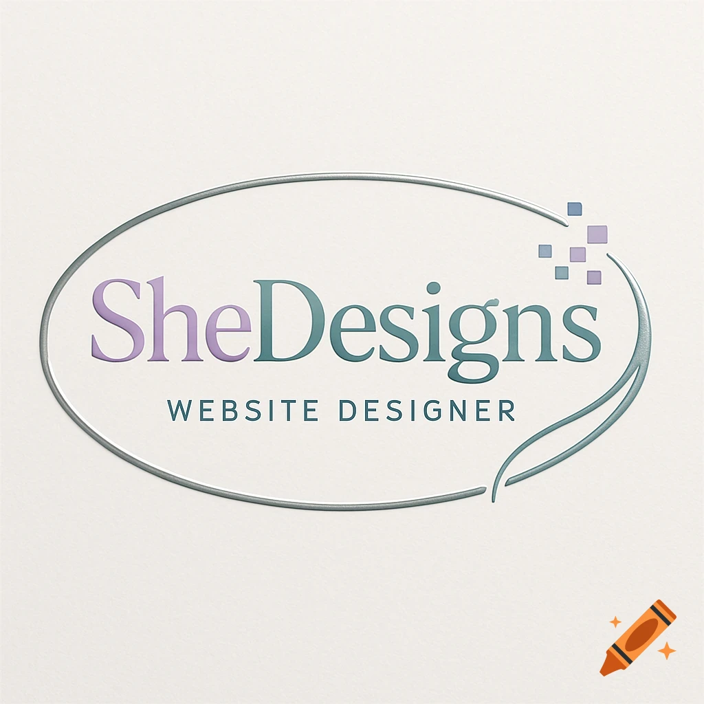 SheDesigns website designer logo in an oval design with purple and teal text and small square elements.