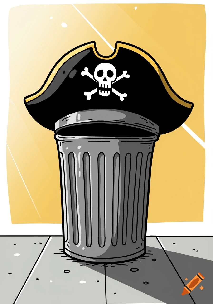 A cartoon illustration of a gray trash can wearing a black pirate hat with a white skull and crossbones.