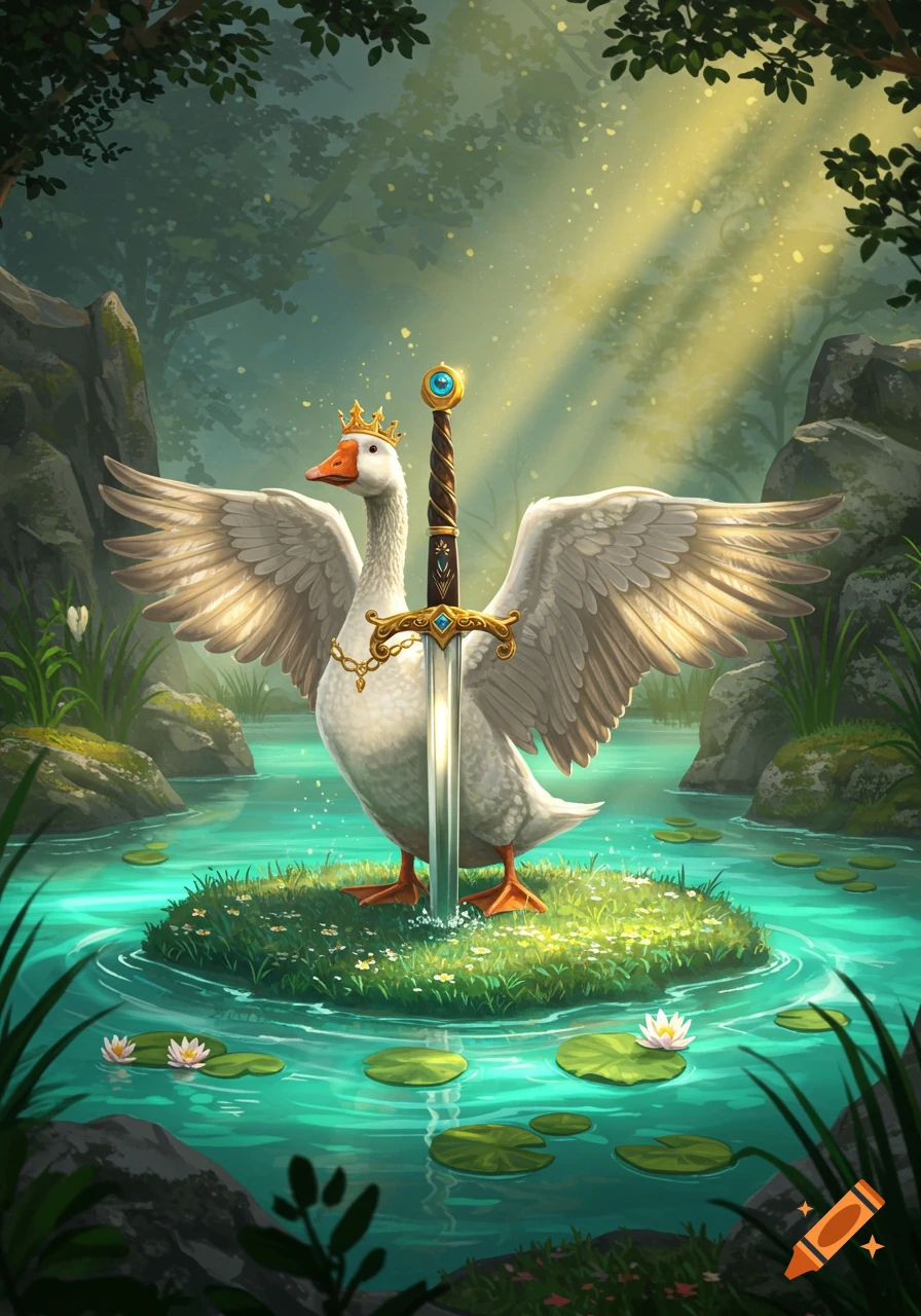 A crowned white goose stands on a grassy island in a pond with an ornate sword stuck in the ground before it, in a sunlit fantasy forest.