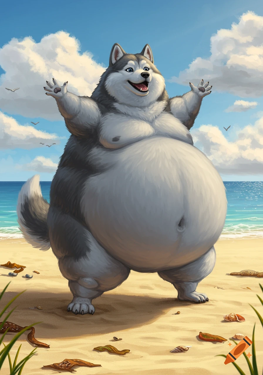 A cartoon of a super obese husky dog standing on a sunny beach with its arms extended.