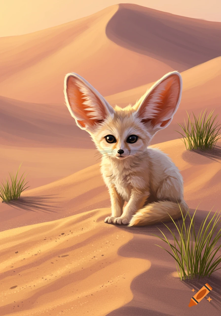 A cute, stylized fennec fox with large ears sits on sand dunes in a sunny desert with sparse grass.