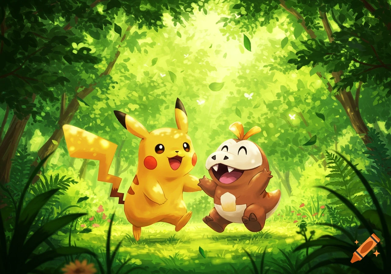 Pikachu and Fuecoco, two cheerful cartoon creatures, run through a bright, lush green forest with dappled sunlight.