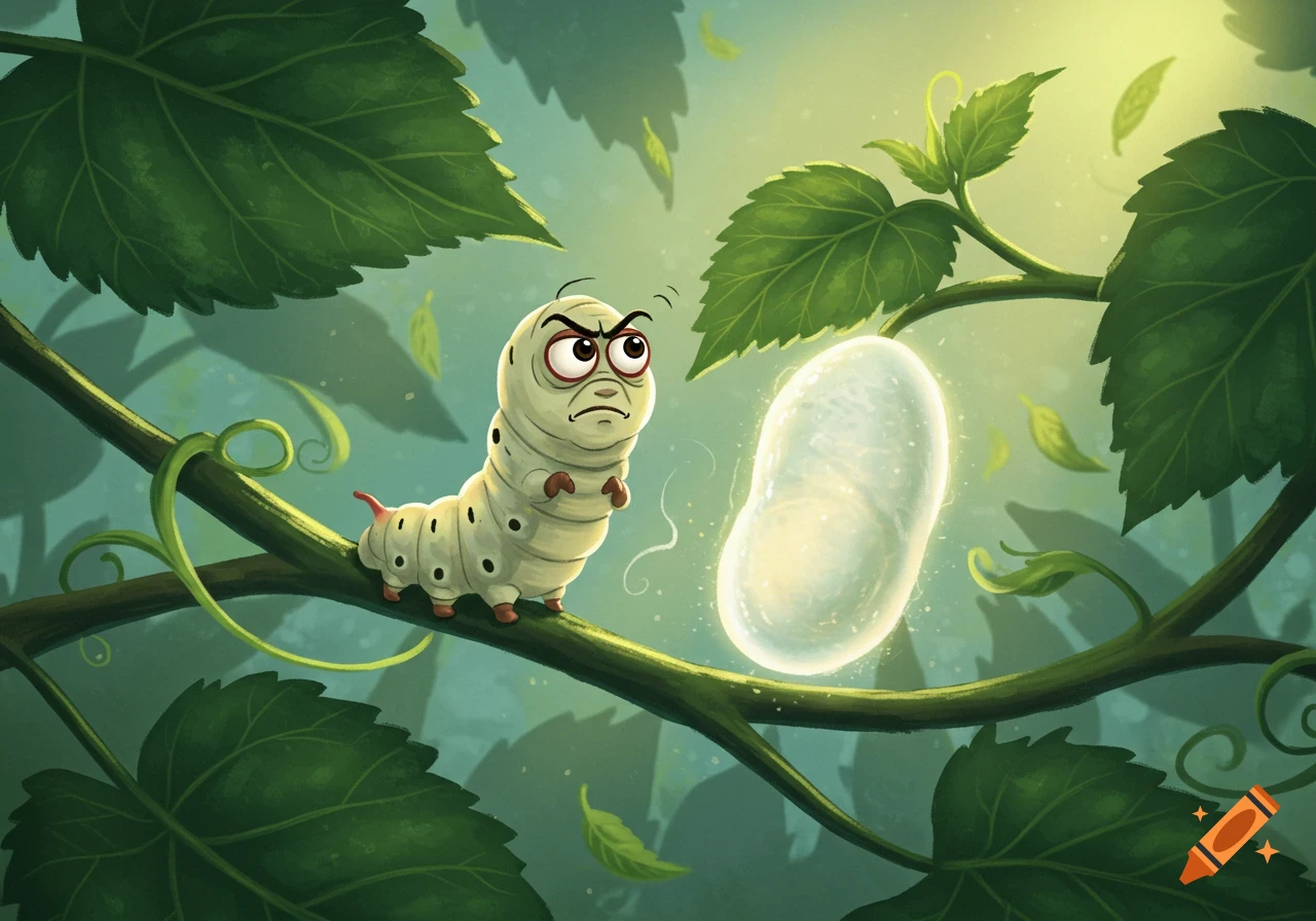 A frowning cartoon silkworm on a branch looks at a glowing cocoon amidst green leaves.