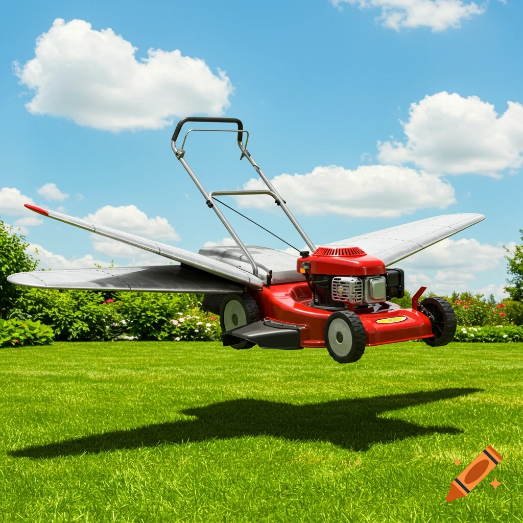 A red push mower with airplane wings attached flies over a green lawn under a blue sky with white clouds.