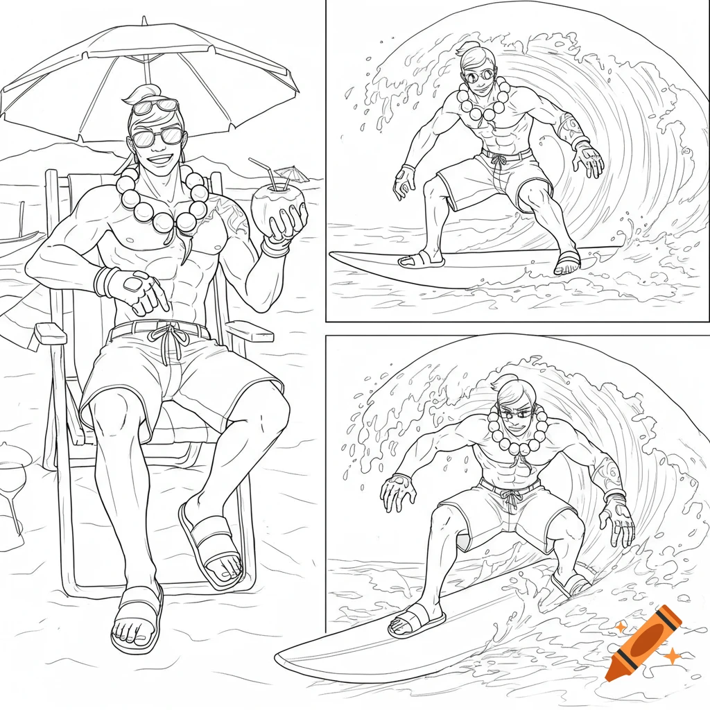Black and white line-art illustration of a male character in three panels, lounging on a beach chair and surfing waves.