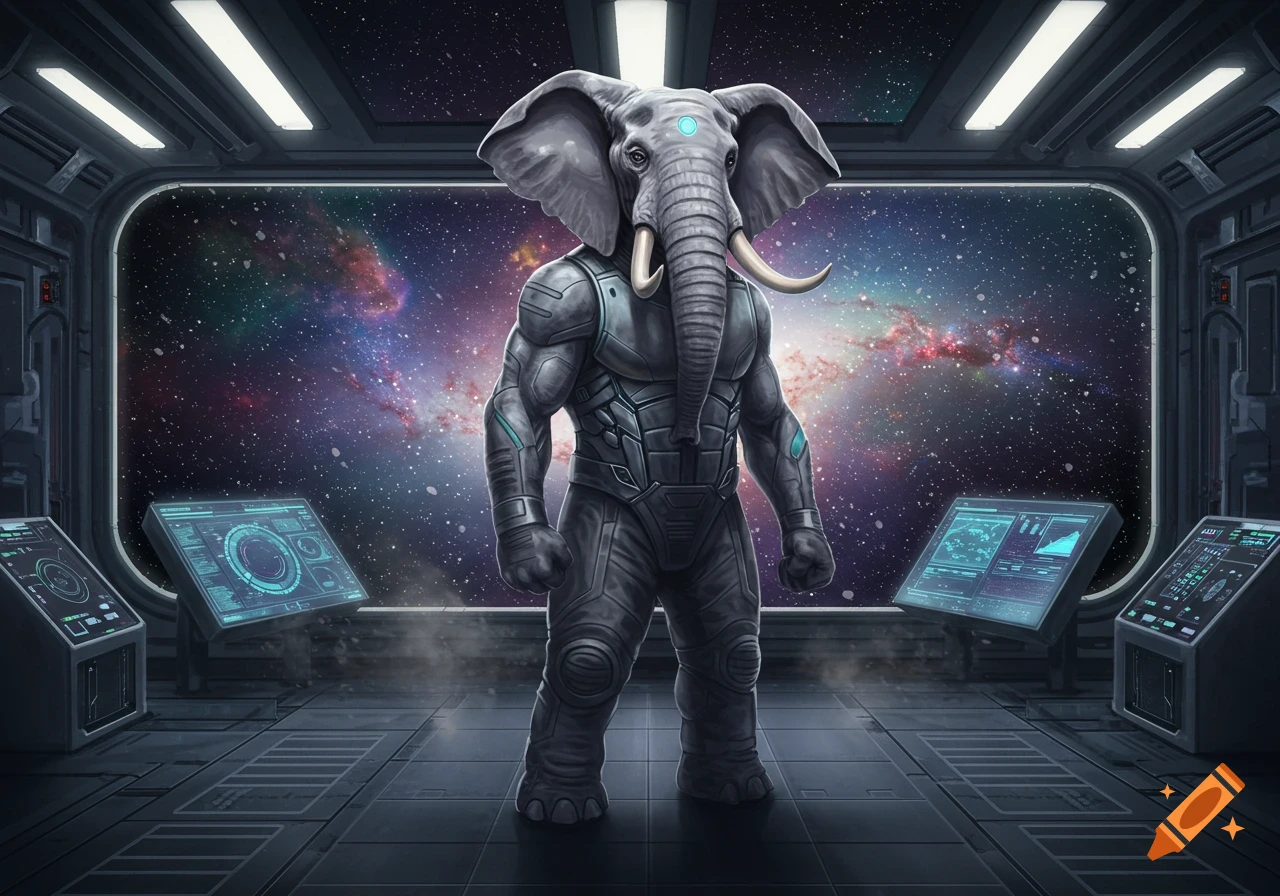An anthropomorphic elephant in a futuristic armored suit stands inside a spaceship, looking out at a colorful galaxy.