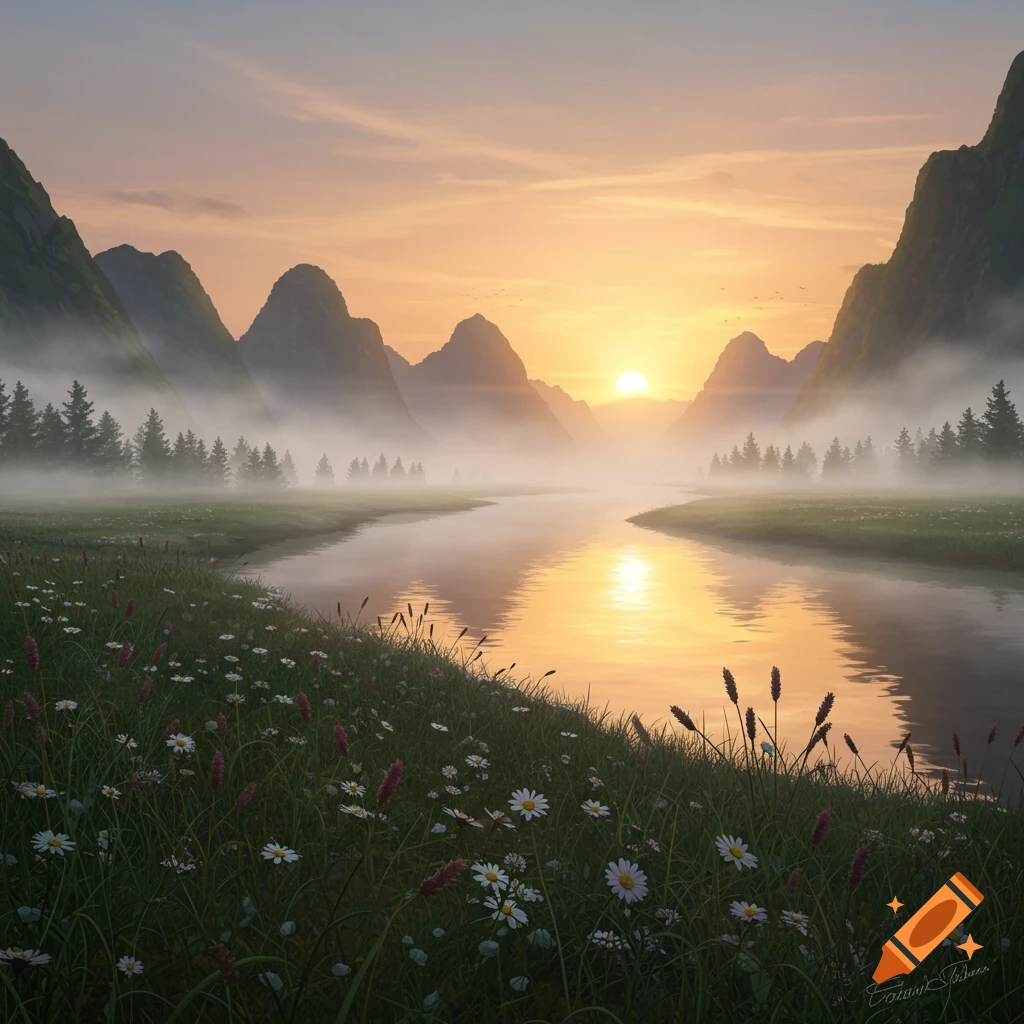 A serene landscape at sunrise with a misty river reflecting the golden sun, flanked by mountains and foreground of grass and daisies.