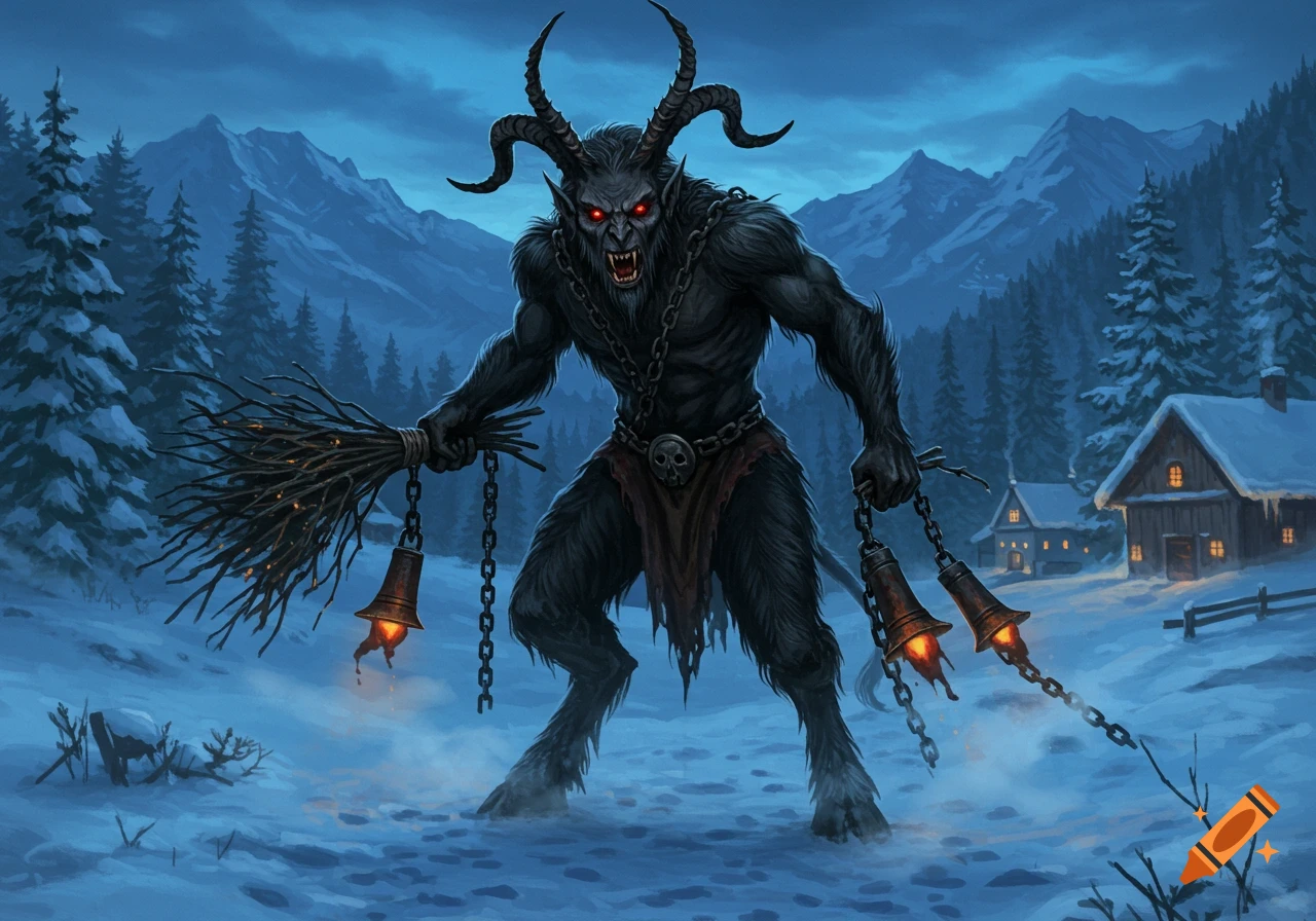 A horned, furry Krampus with red eyes and sharp teeth stands menacingly in a snowy mountain landscape at night, holding a birch branch and chains with bells.