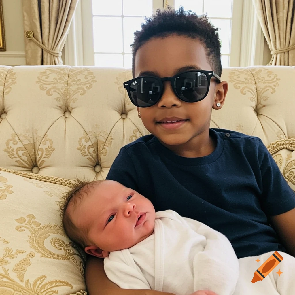 A boy in sunglasses holding a newborn baby on a patterned couch in a well-lit room.