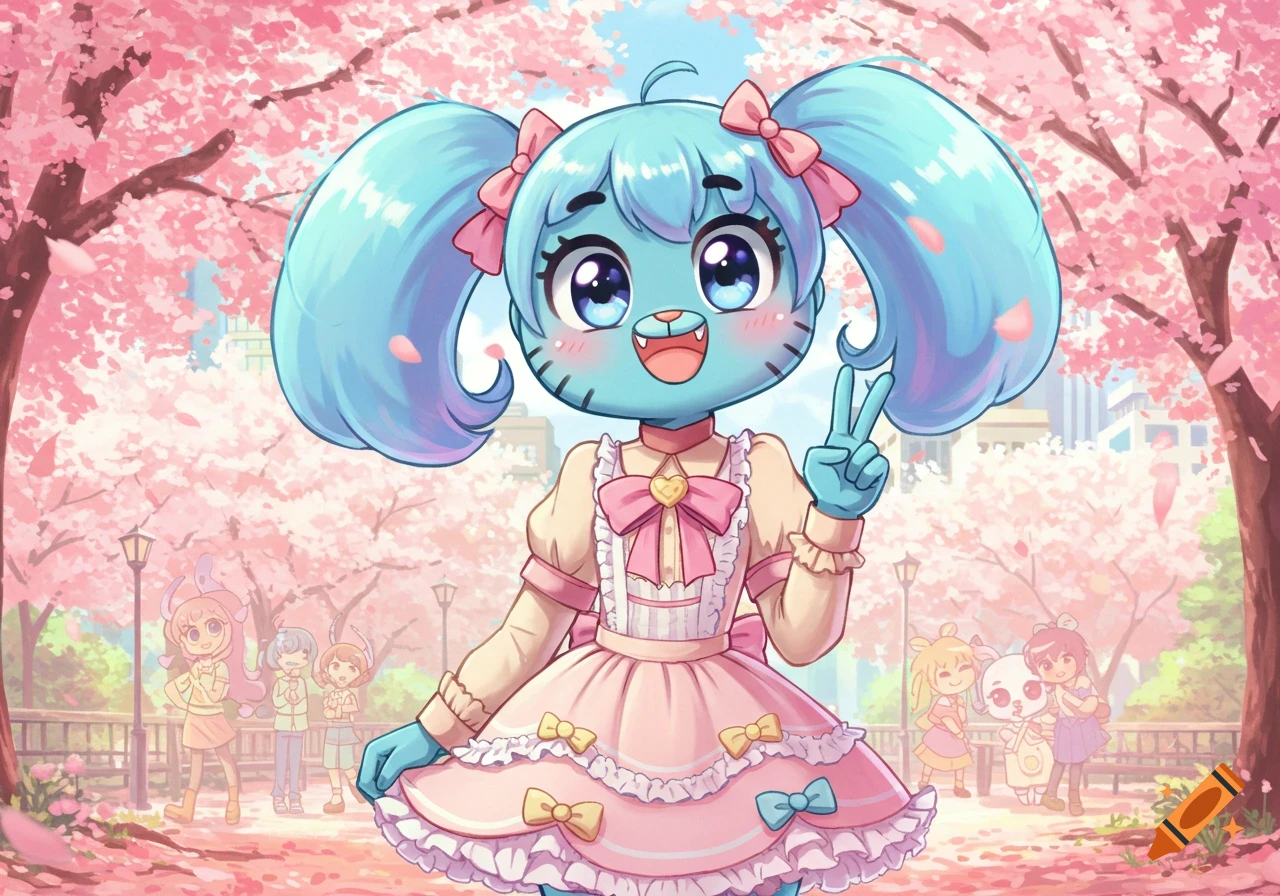 A cute blue cat-like anime girl in a frilly pink dress poses with a peace sign under cherry blossom trees in a park.