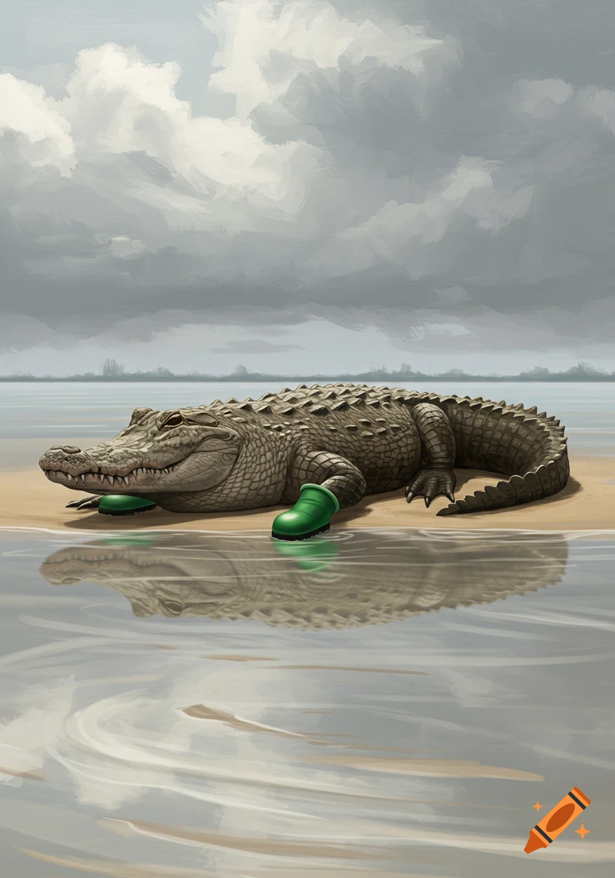 An illustrated alligator wearing bright green boots lies on a sandy beach by shallow water under a cloudy sky.