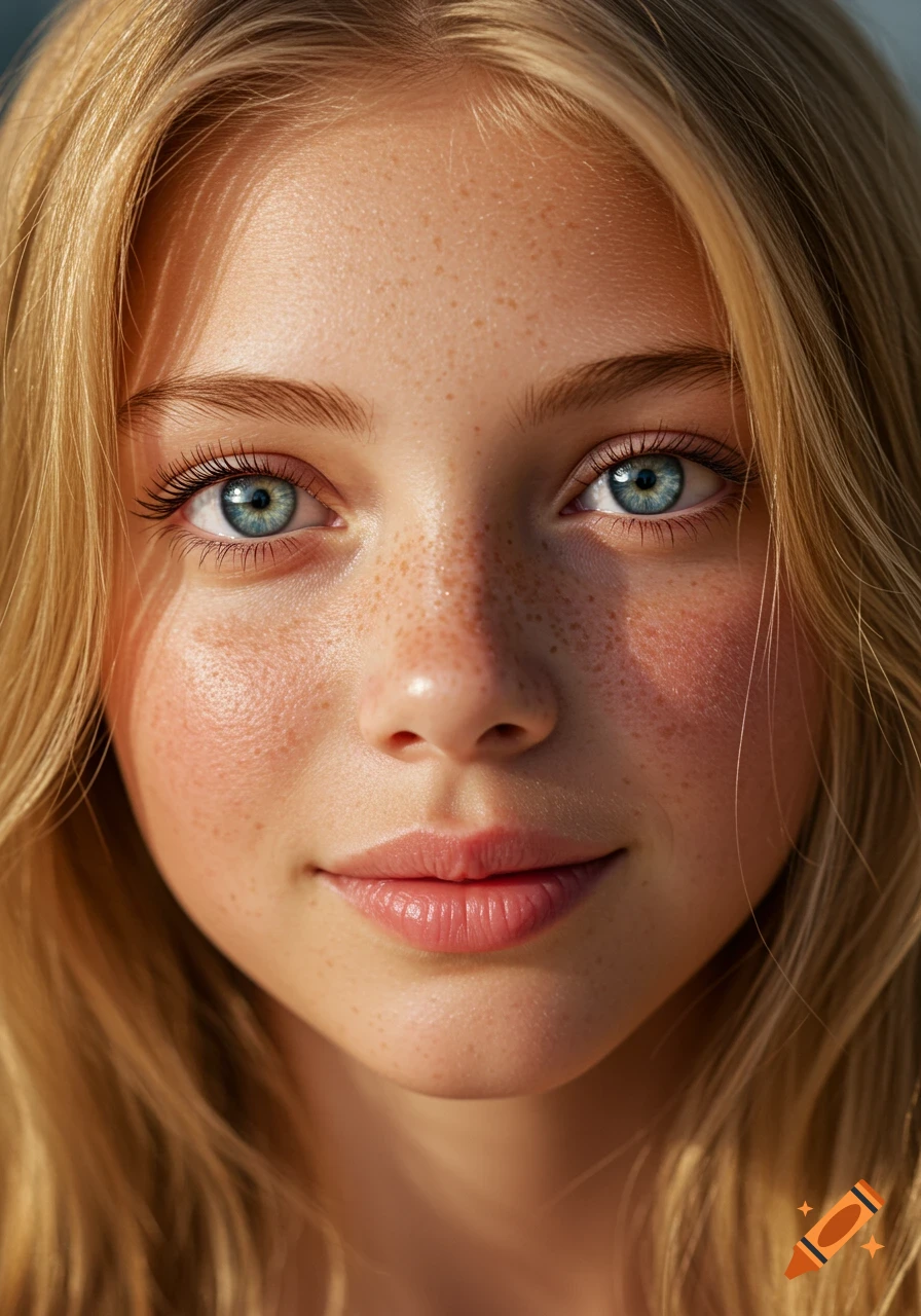 Close-up photorealistic portrait of a young blonde girl with blue eyes and freckles, smiling slightly.