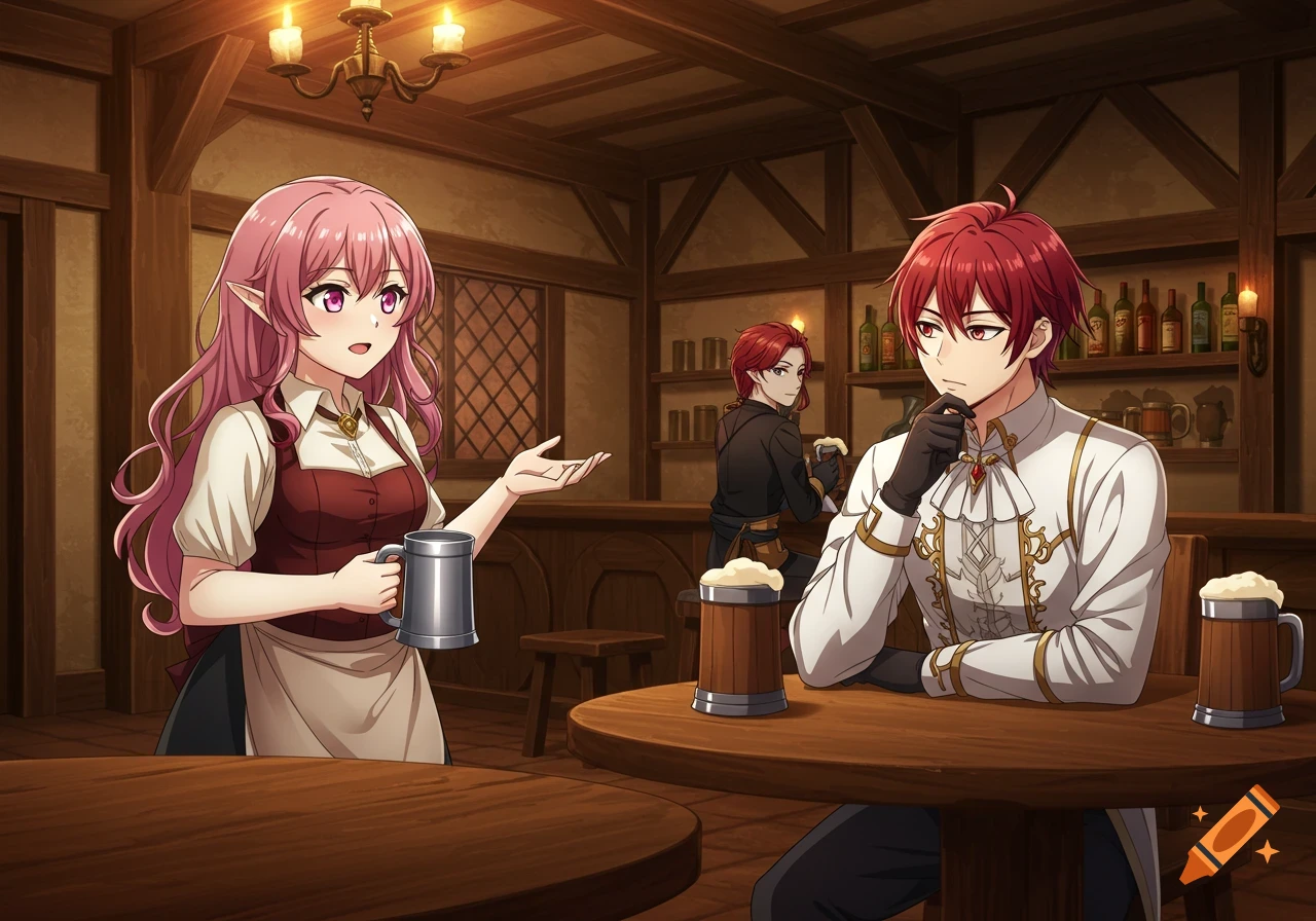 Anime female bartender with pink hair talking to a red-haired nobleman contemplating in a medieval tavern.