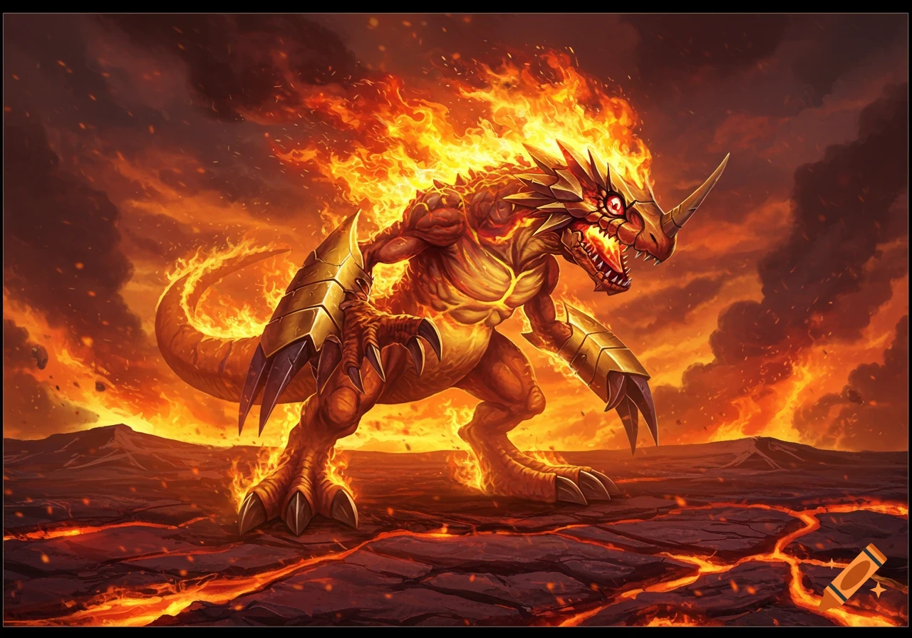 A fierce, armored fire dinosaur Digimon stands on cracked lava, surrounded by flames and smoke, in a dynamic fantasy art style.
