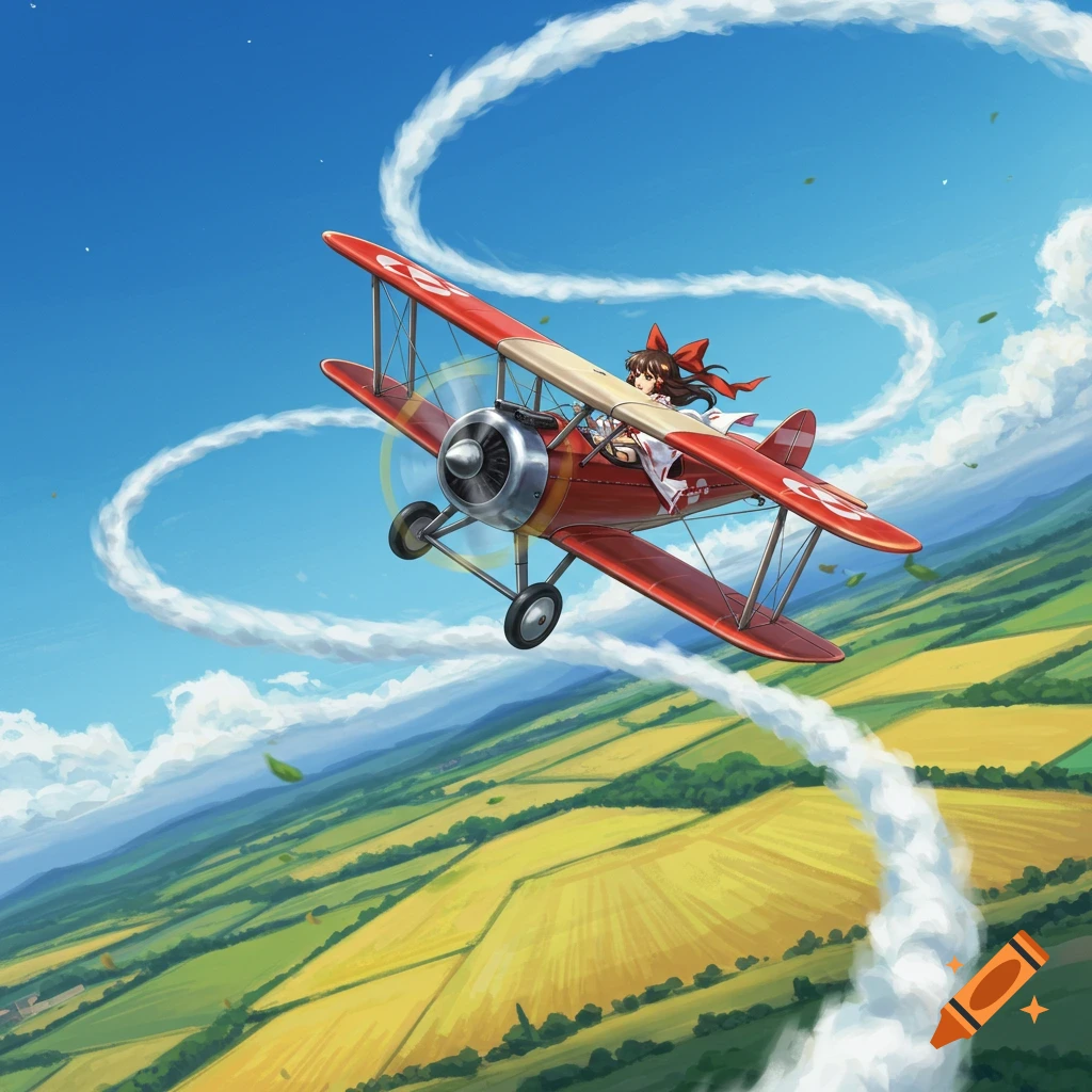 Anime girl Hakurei Reimu flying a red biplane, leaving white contrails over a green and yellow rural landscape under a blue sky.