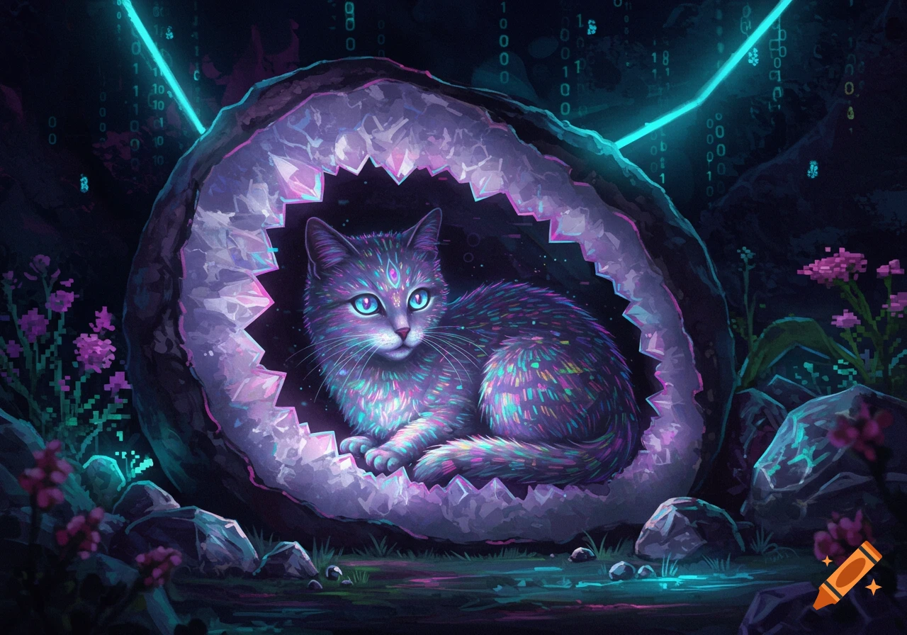 A colorful cat with bright blue eyes sits inside a glowing geode, surrounded by binary code and pixelated flowers in a dark, magical setting.