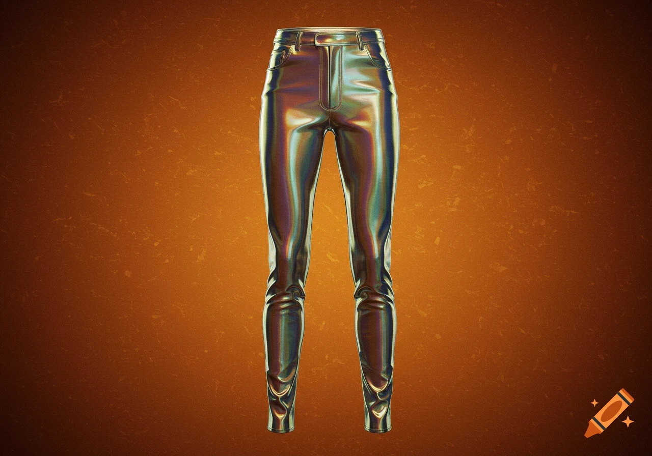 Holographic pants with iridescent metallic fabric on a textured orange-brown background.