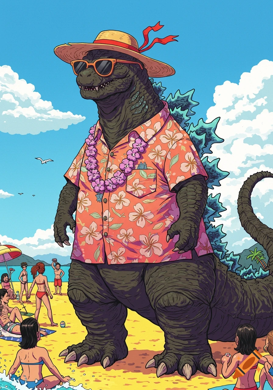 Cartoon Godzilla wearing a Hawaiian shirt, straw hat, and sunglasses on a sunny beach with people in the background.