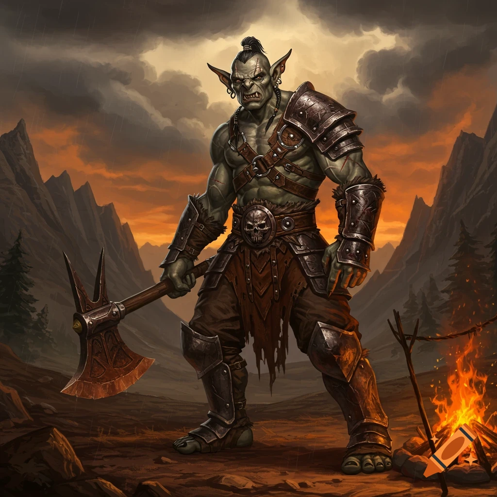Muscular grey-skinned orc barbarian in armor holding an axe, standing in a stormy mountain landscape next to a campfire.