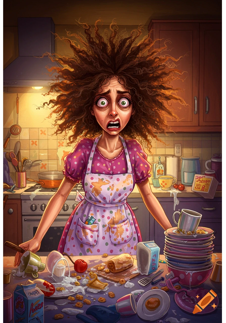 A cartoon illustration of a stressed woman with wild hair in a messy kitchen, surrounded by spilled food and dirty dishes.