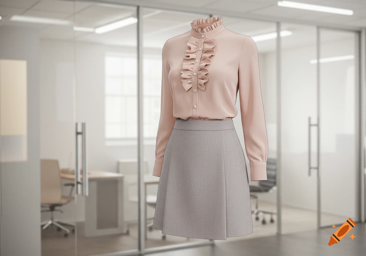 A pink ruffled blouse and a grey A-line skirt, an outfit displayed against a blurred modern office background.