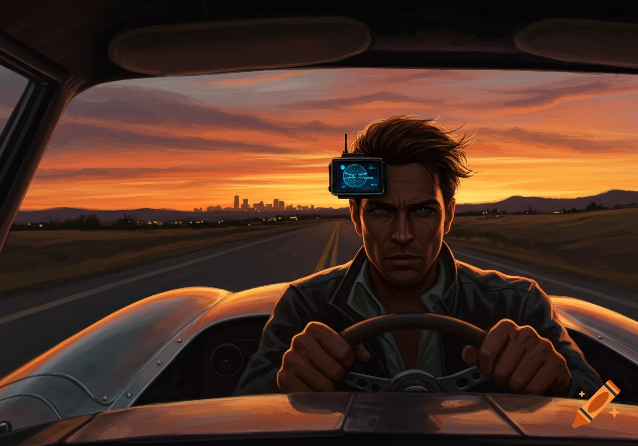 A man with a head-mounted device drives a classic car into a sunset, city skyline in the distance, dramatic art style.