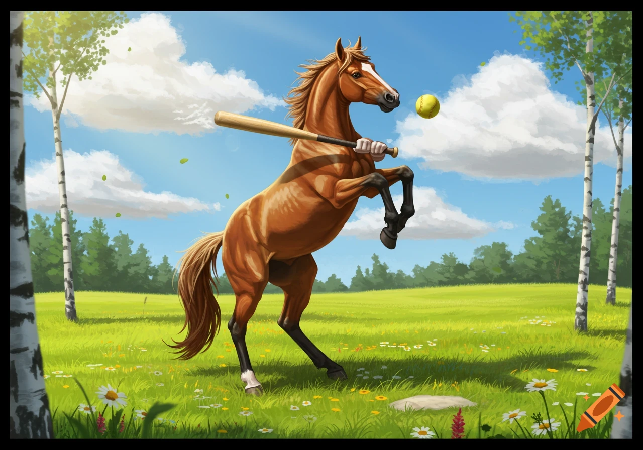 A brown horse rears, holding a baseball bat, ready to hit a yellow softball in a sunny green field with birch trees.