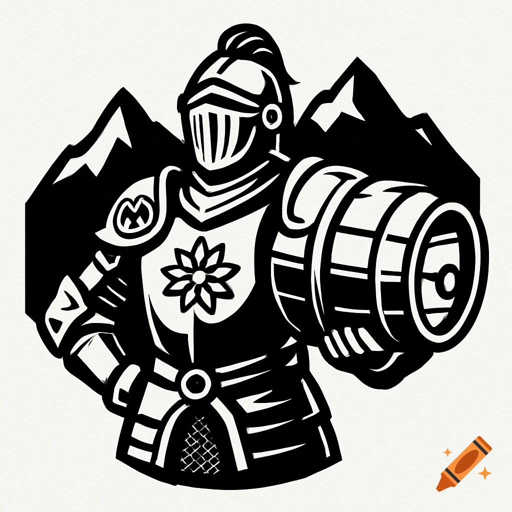 Black and white logo of a Bavarian knight in armor holding a beer keg with mountains in the background.