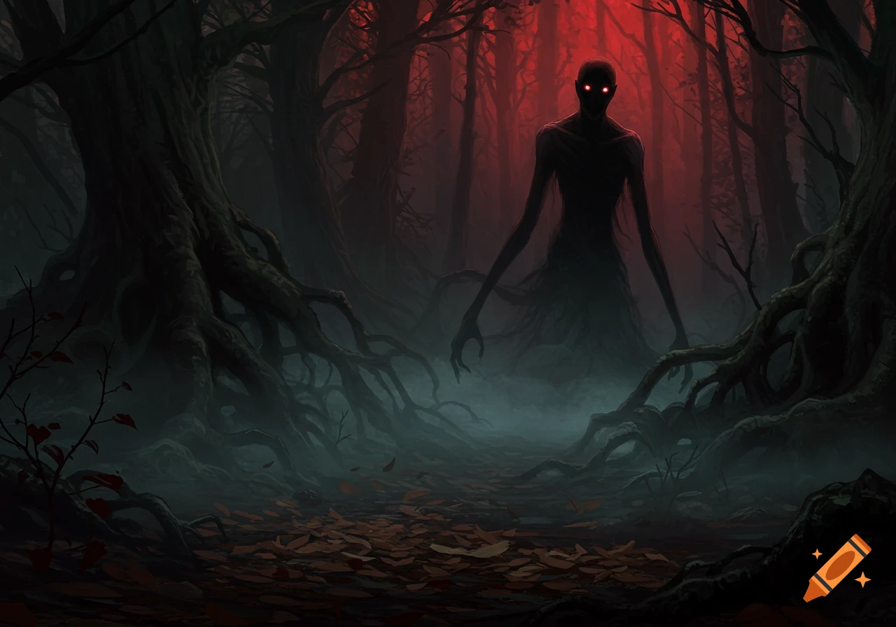 A shadowy, slender figure with glowing red eyes stands in a dark, misty forest with gnarled trees and a red sky.