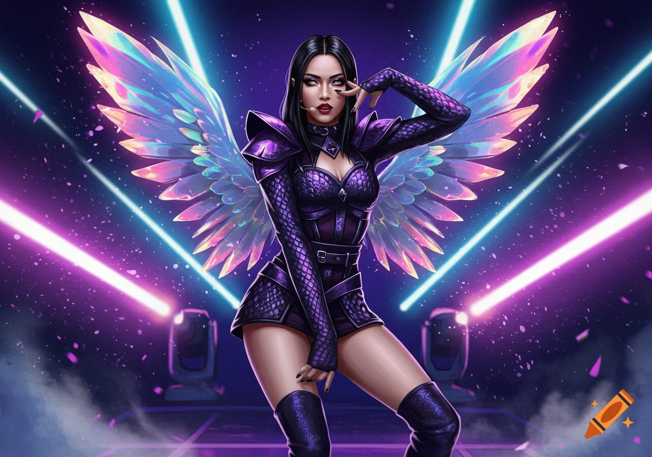 A vibrant illustration of a dark-haired woman in a purple armored outfit with iridescent wings, standing against a background of neon lights and glowing particles.