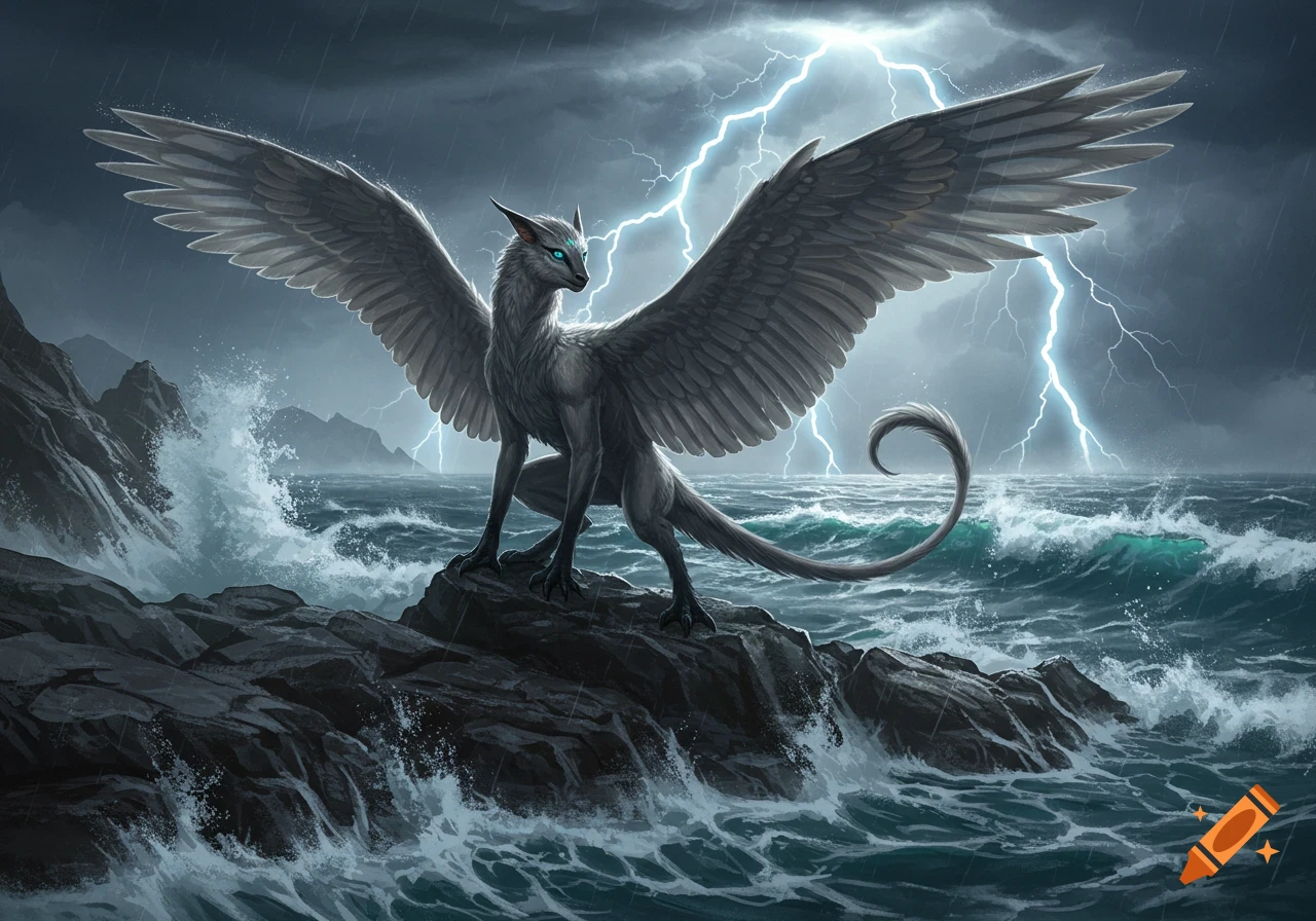 A majestic grey winged creature with blue eyes stands on jagged rocks amidst a stormy ocean with lightning.