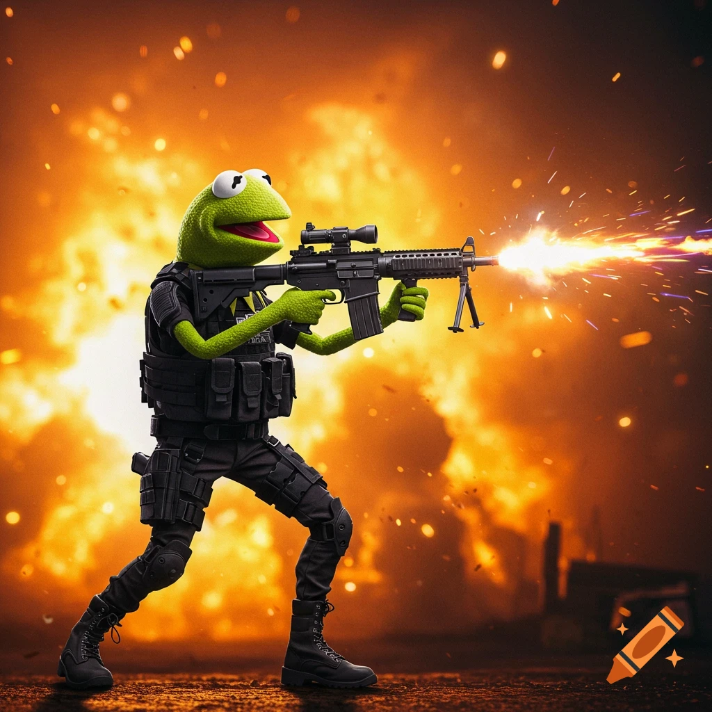 Kermit the Frog in tactical gear, holding and firing a machine gun with muzzle flash, against a backdrop of explosions.